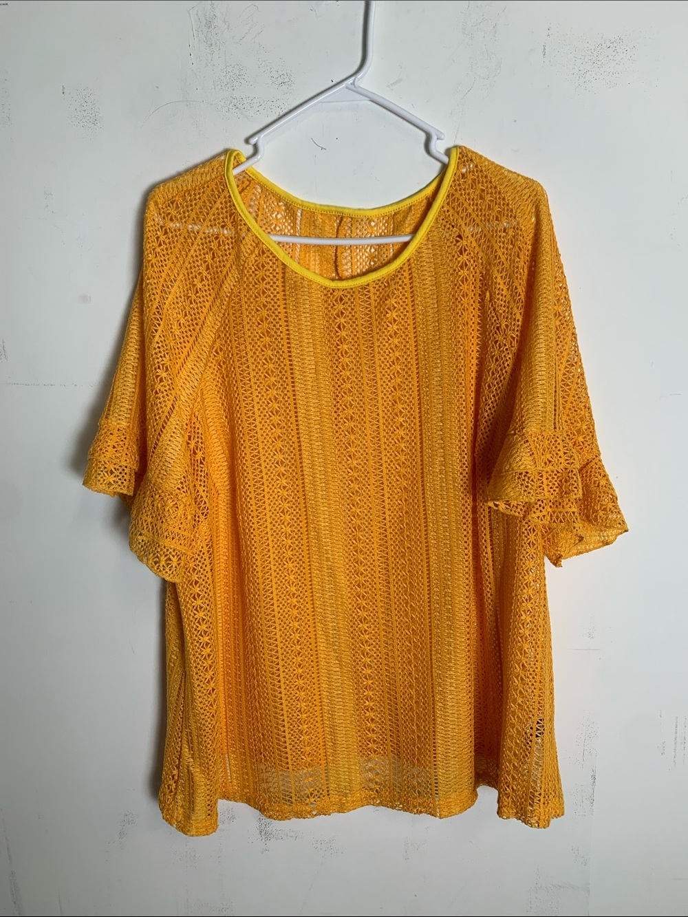 SHEIN Yellow Crochet Flutter-Sleeve Beach Coverup